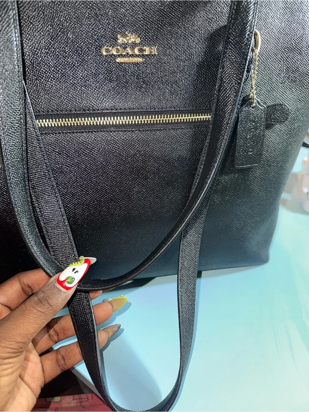 Coach Black Leather Zip Pocket Tote with Gold Hardware